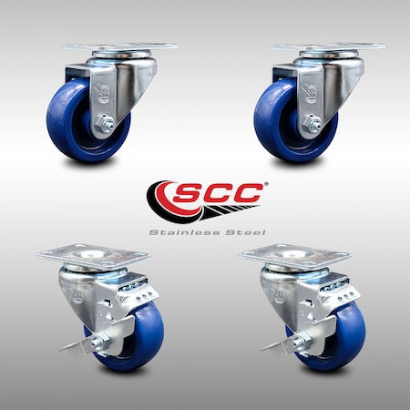 Service Caster 3 Inch SS Solid Polyurethane Swivel Top Plate Caster Set with 2 Brakes SCC SCC-SS20S314-SPUS-2-TLB-2